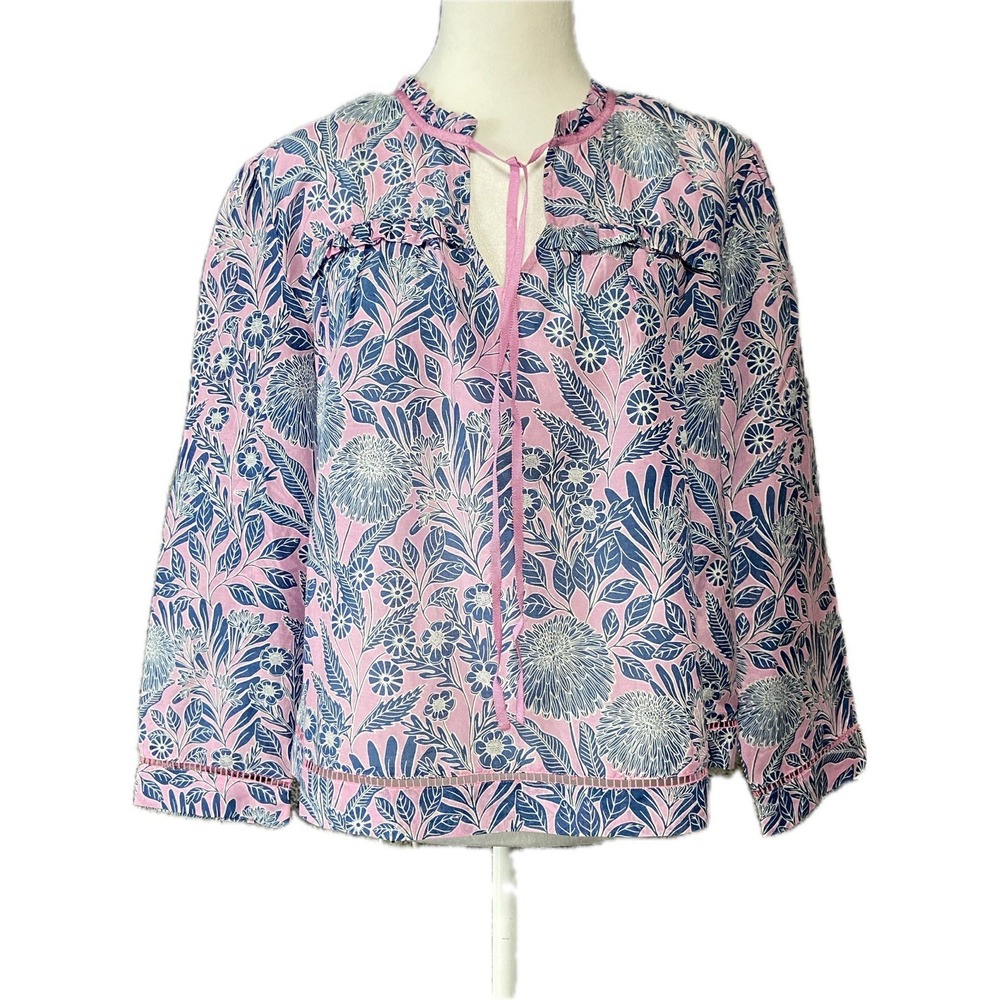 J Crew Blouse Womens Medium Abigail Borg‎ Silk Cotton Boho Peasant Pink Blue